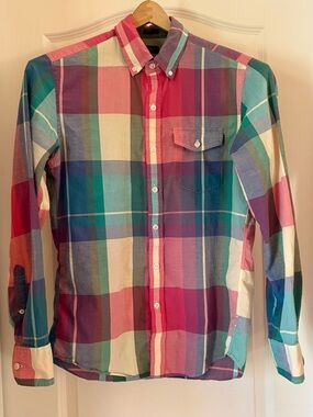 J. Crew Multicolor Plaid Button-Down Shirt - Soft Red, Blue & Cream- Small Slim